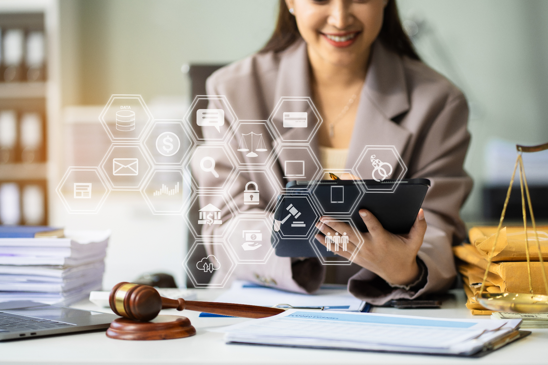 Attorney using a tablet with legal AI icons representing automated law firm workflows